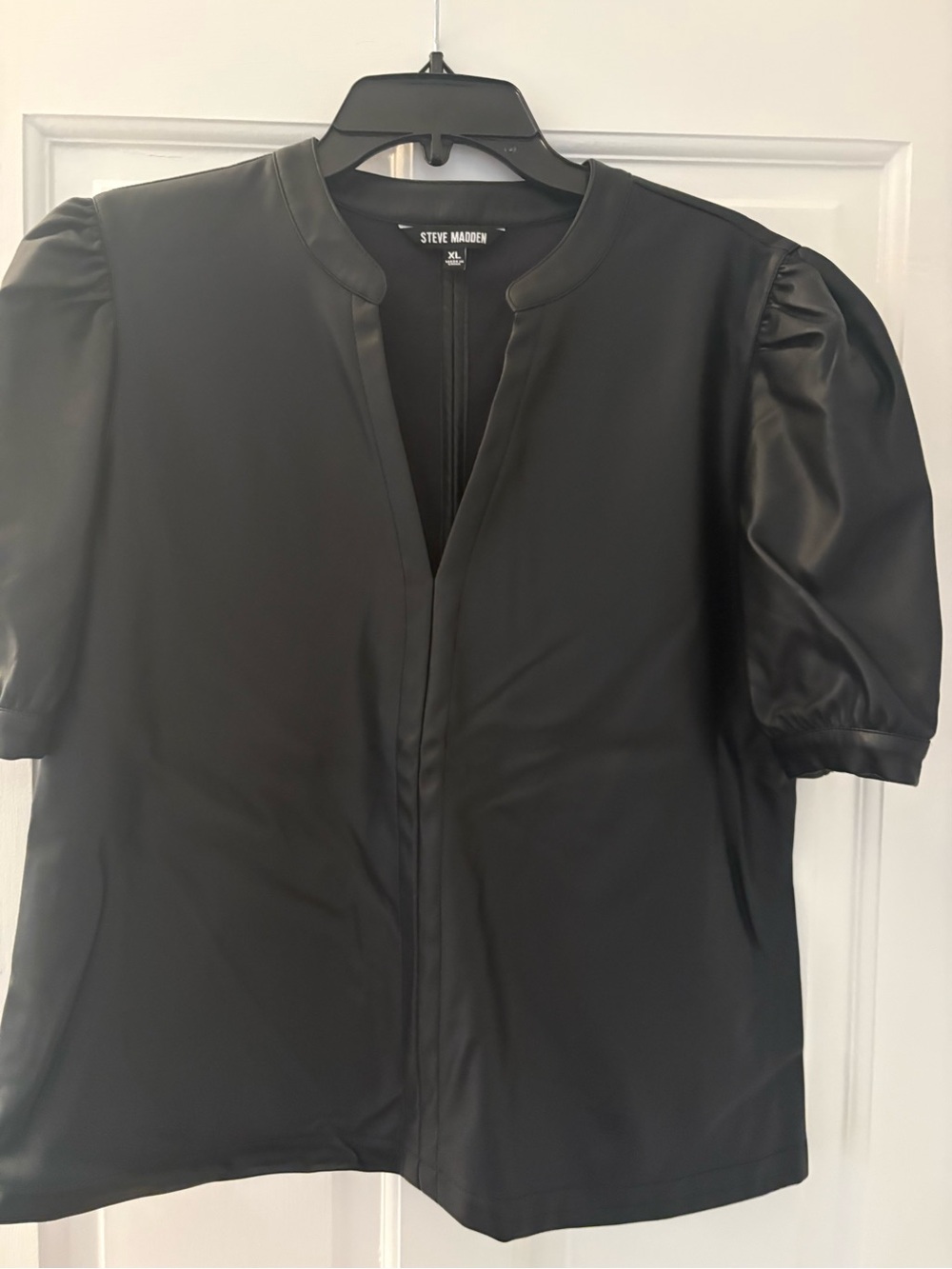 Steve Madden Black Faux Leather Puff Sleeve Top